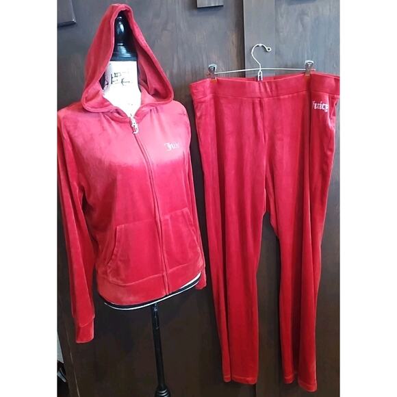Juicy Couture Red Jeweled Y2K Hooded Velour Tracksuit Set Jacket (L) Pants (XXL) - Picture 1 of 12